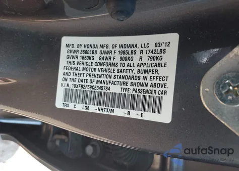 2012 Honda Civic Lx from USA, damaged, VIN 19XFB2F59CE345784